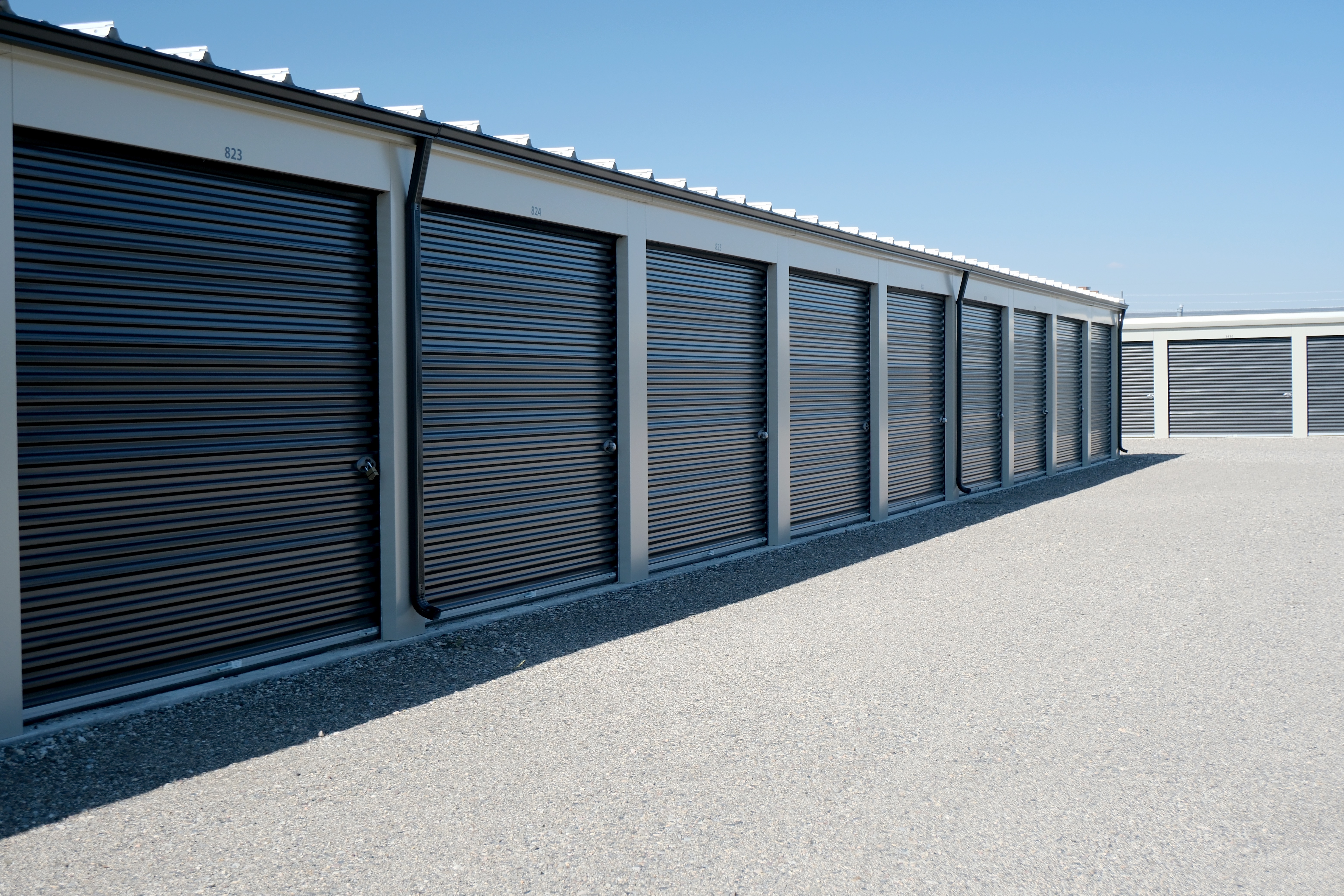 Angled view of a row of storage units